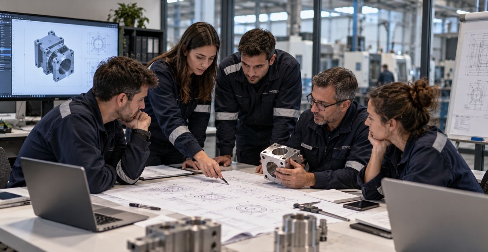 Equipo de ingeniería y producción de Talleres ECI revisando planos técnicos