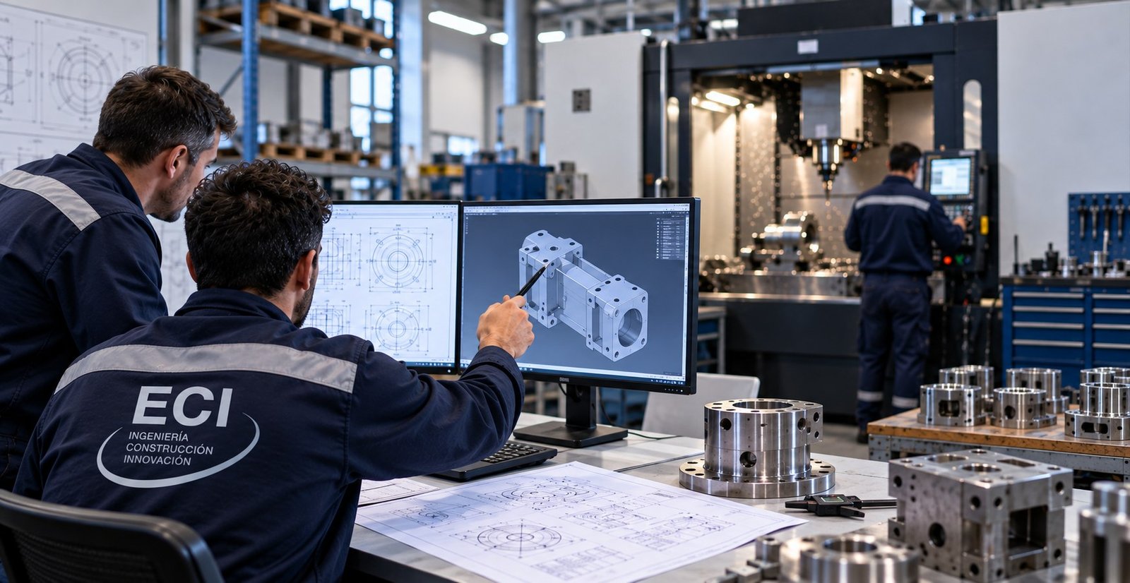Ingeniero revisando planos de diseño industrial en Talleres ECI